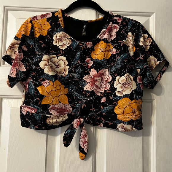 torrid Other - Torrid Floral Tie-Front Crop Swim Top- Black, Yellow, Pink